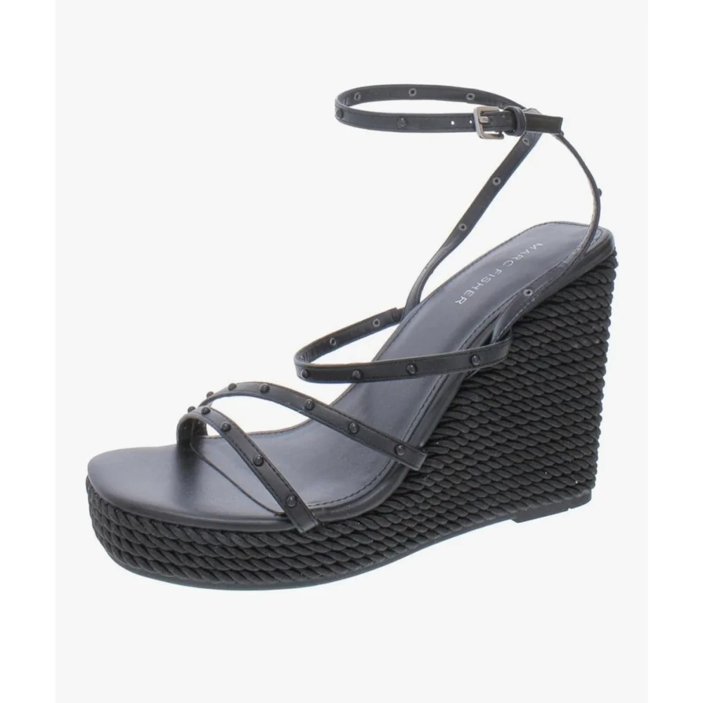 Marc Fisher Faux Leather Studded Espadrille Wrapped Rope Platform 9.5 M BLACK